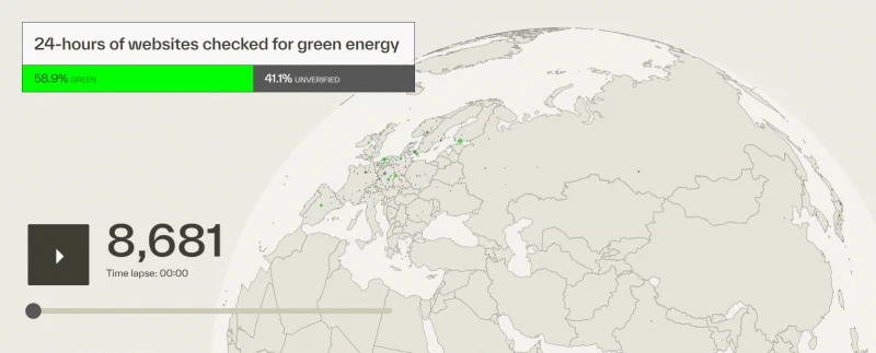 Weltkarte mit grünen und grauen Punkten für geprüfte Websites – Green Web Foundation 2026