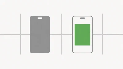 Zwei schematische Smartphone-Umrisse nebeneinander, der eine vollständig ausgefüllt, der andere nur als Kontur dargestellt, getrennt durch eine dünne Rasterlinie