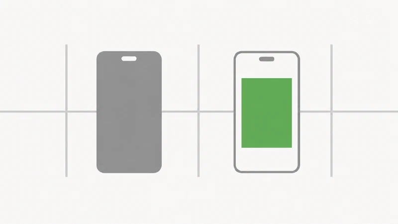 Zwei schematische Smartphone-Umrisse nebeneinander, der eine vollständig ausgefüllt, der andere nur als Kontur dargestellt, getrennt durch eine dünne Rasterlinie