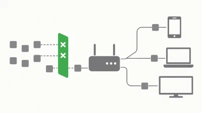 Eine zentrale Router-Form verbindet sich über Linien mit einfachen Geräte-Symbolen für Smartphone, Laptop und Fernseher, wobei ein grünes Filter-Element einen Teil der eingehenden grauen Blöcke stoppt und ein Block ungehindert zum Fernseher-Symbol durchläuft.