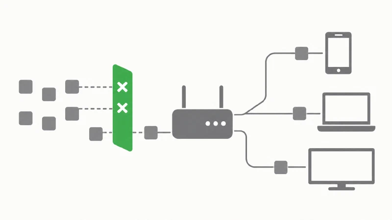 Eine zentrale Router-Form verbindet sich über Linien mit einfachen Geräte-Symbolen für Smartphone, Laptop und Fernseher, wobei ein grünes Filter-Element einen Teil der eingehenden grauen Blöcke stoppt und ein Block ungehindert zum Fernseher-Symbol durchläuft.