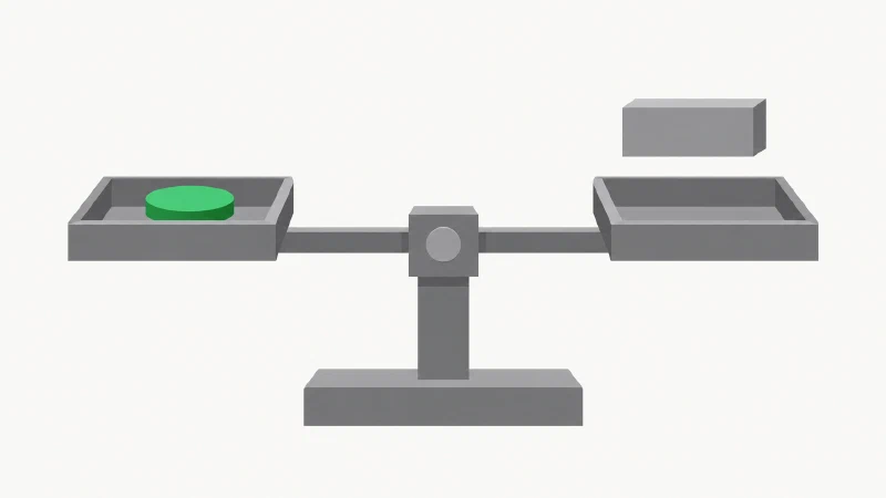 Eine minimalistische Waage aus grauen geometrischen Blöcken, auf deren einer Seite eine grüne Münze liegt, während auf der anderen Seite ein grauer Datenblock schwebt, ohne die Waage zu berühren.