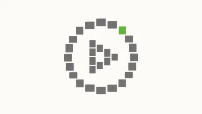Minimalistische geometrische Illustration: ein rundes Play-Symbol aus Graublöcken vor cremeweißem Hintergrund, ein Segment in Akzentgrün hervorgehoben, symbolisiert Autoplay als still ablaufenden Prozess