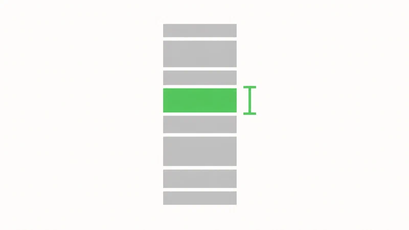 Eine Webseiten-Silhouette aus grauen Blöcken, bei der ein grüner Messbalken den Anteil eines einzelnen, separat markierten Blocks am Gesamtvolumen anzeigt.