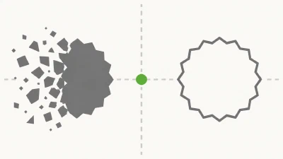 Zwei graue geometrische Siegel-Kreise zerfallen gleichzeitig in einzelne Blockfragmente, verbunden durch eine dünne Rasterlinie mit einem grünen Akzentpunkt in der Mitte.