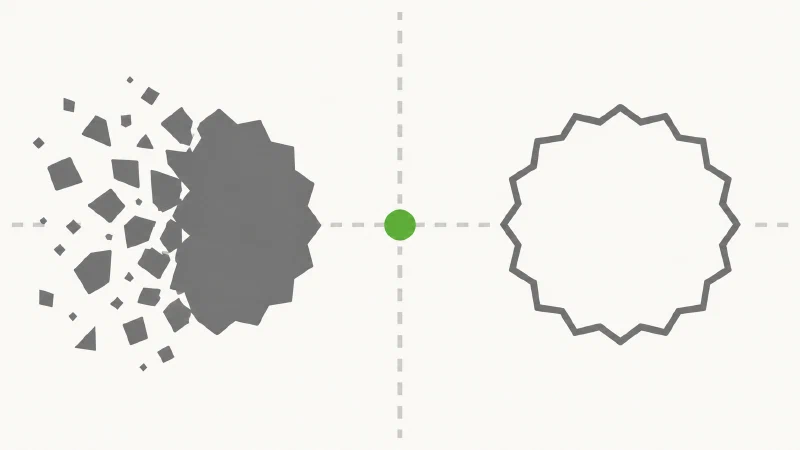 Zwei graue geometrische Siegel-Kreise zerfallen gleichzeitig in einzelne Blockfragmente, verbunden durch eine dünne Rasterlinie mit einem grünen Akzentpunkt in der Mitte.
