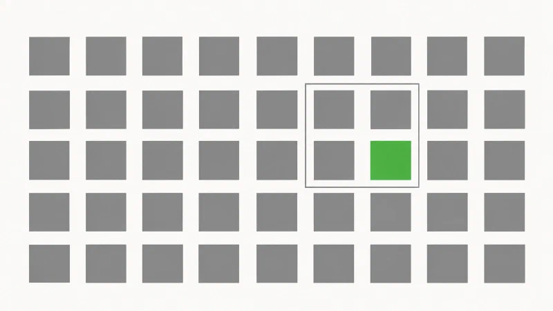 Ein Raster grauer Blöcke, von denen die meisten unmarkiert bleiben, nur ein einzelner Block ist grün hervorgehoben