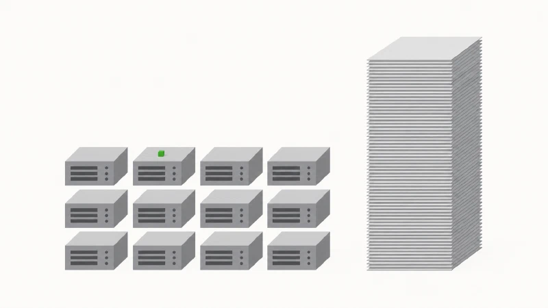 Ein Raster grauer Serverblöcke neben einem hohen Stapel dünner grauer Blätter, auf einem einzelnen Block sitzt ein winziges grünes Quadrat
