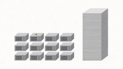 Ein Raster grauer Serverblöcke neben einem hohen Stapel dünner grauer Blätter, auf einem einzelnen Block sitzt ein winziges grünes Quadrat