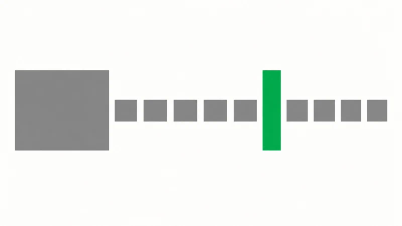 Ein breiter grauer Block links, aus dem eine Reihe kleiner grauer Quadrate nach rechts führt, die von einem grünen Balken unterbrochen wird.