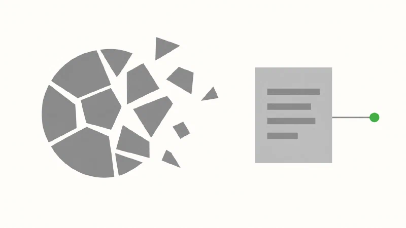 Ein graues Siegel aus geometrischen Blöcken zerfällt links, rechts daneben ein schlichtes graues Textdokument, von dem eine dünne Linie zu einem grünen Akzentpunkt führt.
