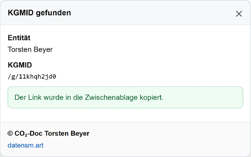 Das KGMID-Bookmarklet-Overlay zeigt Entität und KGMID an